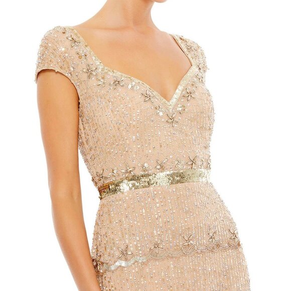 Mac Duggal 9089 Cap Sleeve Embellished Beaded Column Gown Nude Gold NWT - Picture 2 of 11